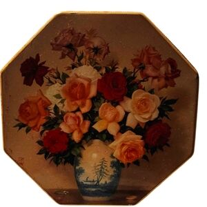 Vintage Octogan Tin Multicolor Floral Vase Art
